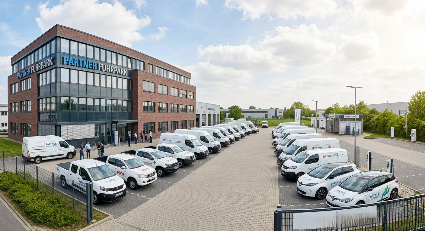Firmen-Fuhrpark mit Transportern und Firmenwagen vor Verwaltungsgebäude
